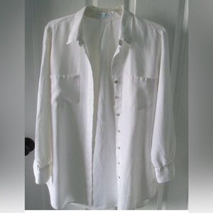 Classic White Linen Blend  Button Down Shirt, beach cover up